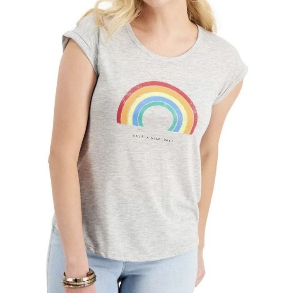 Style & Co Women's Short Cuff Sleeve Graphic Scoop Neck in Rainbow Nice Day XL